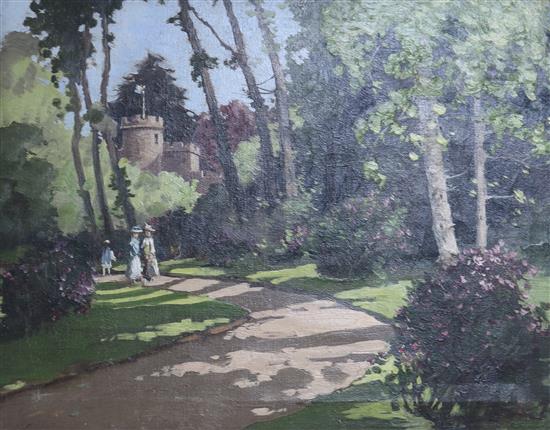 Tom Campbell (Scottish, 1865-1943) Figures in the garden of a castellated house 14 x 17.5in.
